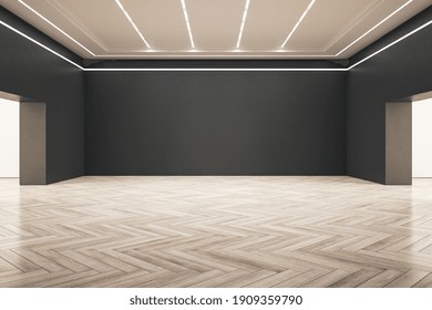 Stylish Gallery Interior With Empty Black Wall And Wooden Floor. Art And Design Concept. Mock Up. 3D Rendering