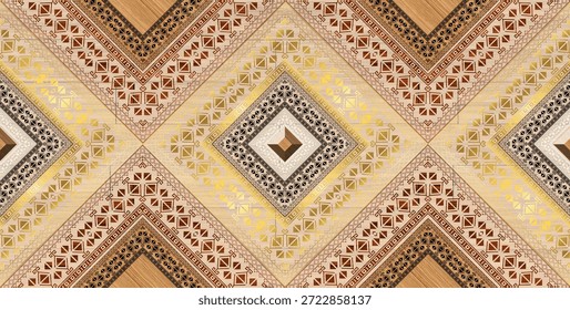 A stylish geometric seamless pattern featuring wooden diamond frames with decorative glass tiles. The design combines rich brown wood textures with vibrant blue, orange, and beige glass panels, creating a luxurious and elegant 3D effect. Perfect for interior design, wall panels, digital wallpapers, ceramic tile prints, textile patterns, and high-end decorative backgrounds. This modern yet classic pattern adds depth, warmth, and sophistication to any creative project.
