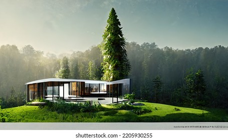 Stylish Glass House In The Forest. 3d Illustration. 3d Render