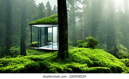 Stylish Glass House In The Forest. 3d Illustration. 3d Render