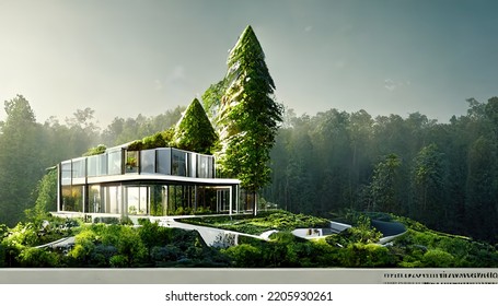 Stylish Glass House In The Forest. 3d Illustration. 3d Render