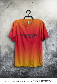 Stylish gradient t-shirt in red, orange, and yellow tones, shown in front view. The vibrant color transition creates a bold and eye-catching look, ideal for streetwear fashion and creative apparel design.