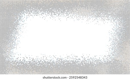 stylish halftone design featuring a rectangular frame made of small black dots that gradually fade into the white background. 