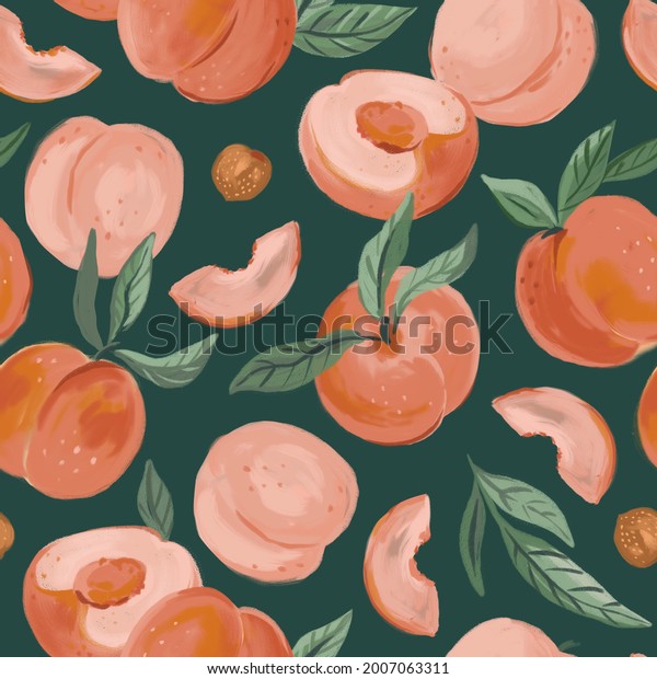 Stylish hand painting peach seamless\
pattern. Summer fruit gouache texture. Repeat pattern design with\
peaches on dark green background for fabric or\
wallpaper.