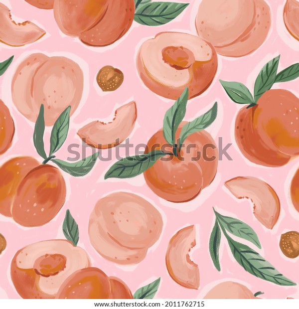Stylish hand painting peach seamless pattern.\
Summer fruit gouache texture. Repeat pattern design with peaches on\
pink background for fabric or\
wallpaper.