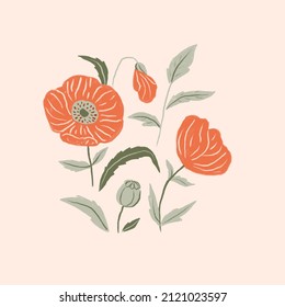 Stylish Hand-drawn Poppy Flowers And Leaves Illustration. Isolated Red Flowers On Light Pink Background. Gouache Botanical Poster Or Greeting Card. 