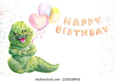 
Stylish happy birthday card with funny cute crocodile, holding balloons on confetti background. Ilustration for greeting card with cute animals, print for factory textiles. - Powered by Shutterstock