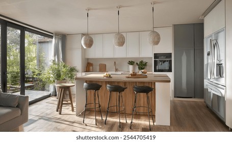 Stylish home kitchen interior with bar island and cabinet, refrigerator - Powered by Shutterstock