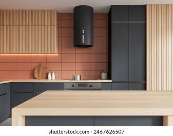 Stylish home kitchen interior with empty bar island, cabinet with electric stove and oven. Minimalist cooking space with wooden counter and kitchenware. 3D rendering