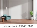 Stylish home living room interior with armchair and coffee table, plant on hardwood floor. Relax space with mockup empty wall. Panoramic window on skyscrapers. 3D rendering