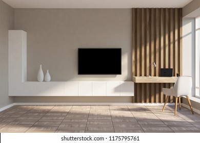 Stylish Home Office In Beige And Wooden Wall Living Room With A Compact Computer Table, White Chair And A Tv Set On The Wall. 3d Rendering Copy Space