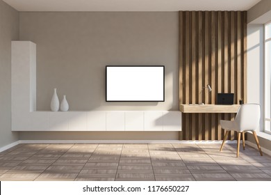 Stylish Home Office In Beige And Wooden Wall Living Room With A Compact Computer Table, White Chair And A Mock Up Tv Set Screen. 3d Rendering