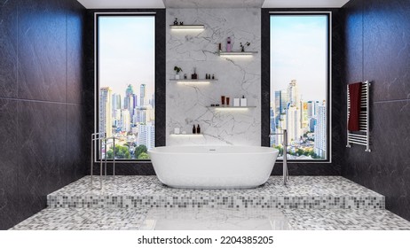 Stylish Hotel Or Apartment Contemporary Bathroom Interior Design With Small Square Floor Tiles And Big Dark Wall Tiles. Decorative Detail Of Marble Slab On With Glass Shelves. 3d Visualization