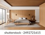 Stylish hotel bedroom interior with bed and armchair, bench on carpet, hardwood floor. Wooden sleep and relax space, nightstand with decoration. Panoramic window on countryside. 3D rendering