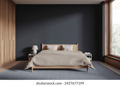 Stylish hotel bedroom interior bed with beige bed sheets, carpet on hardwood floor. Cozy relaxing room with nightstand and panoramic window. Mock up copy space blank wall. 3D rendering