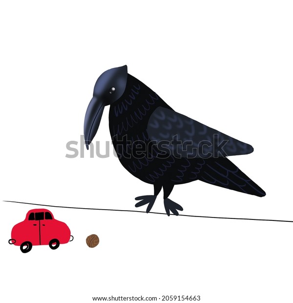 stylish illustration for posters,\
applications and advertising. A big black crow looks at a small red\
car. The crow threw a nut under the wheels of the\
car