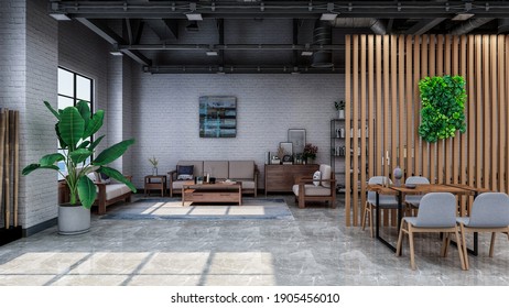 Stylish Industrial Living Room, Photorealistic 3D Illustration Of The Interior, Suitable For Using In Video Conference And As A Zoom Background.	