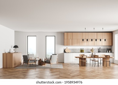 Stylish interior of bright and white modern kitchen room with dining table and chairs. Armchairs livingroom zone open space. 3d rendering