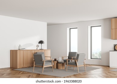 Stylish interior of bright and white modern kitchen room. Armchairs livingroom zone open space. 3d rendering