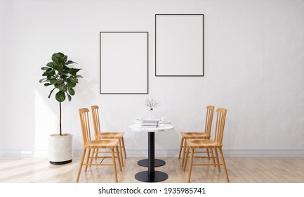 Stylish interior design of dining room with table chair, tropical plant in ceramic pot, Mock up poster frame on the ginger color wall. Template. Home decor. 3D Rendering