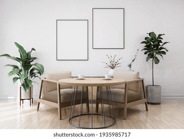 Stylish Interior Design Of Teahouse Cafe With Chair And Table, Tropical Plant In Ceramic Pot, Mock Up Poster Frame On The Ginger Color Wall. Template. Home Decor. 3D Rendering