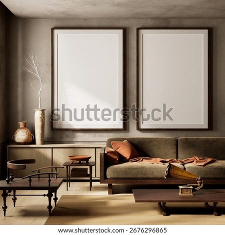 A stylish interior with a mock up poster frame, earthy tones, vintage decor, and cozy textures creating timeless elegance. 3D illustration