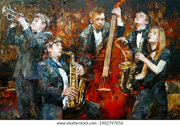 Stylish jazz\
band playing music on the scene, background is brown. Palette knife\
technique of oil painting and\
brush.
