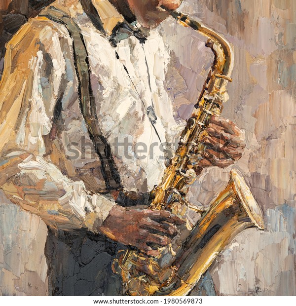 Stylish jazz band playing music on the scene,\
background is brown. Palette knife technique of oil painting and\
brush. \
The jazzman plays the\
saxophone.