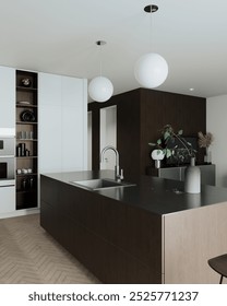 Stylish kitchen featuring dark and light cabinetry, minimalist dcor, and elegant lighting. 3D Render. 3D Illustration