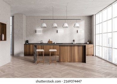 Stylish Kitchen Interior With Bar Chairs And Island, Front View, Panoramic Window On Singapore City View. Cooking Space With Hardwood Floor. 3D Rendering