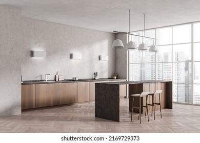 Stylish Kitchen Interior With Bar Chairs And Island, Side View, Panoramic Window On Singapore City View. Cooking Space With Hardwood Floor. 3D Rendering