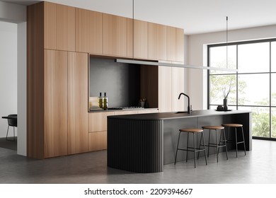 Stylish kitchen interior and bar island   stool  side view grey concrete floor  Kitchenware   decoration  cooking area and panoramic window tropics  3D rendering
