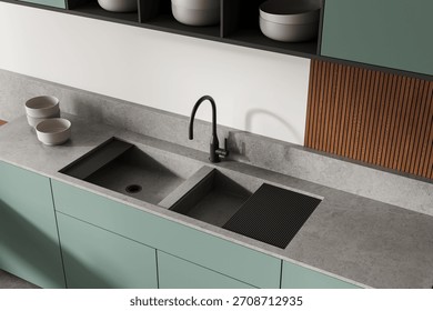 Stylish kitchen interior featuring modern sink design, pastel green cabinets, stone-like countertop, and wood panel wall accent. 3D Rendering