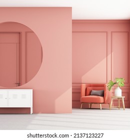 Stylish living pink tone room interior of modern apartment and trendy furniture, armchair on carpet floor and void circle wall and elegant accessories. Home decor, 3D render, 3D illustration