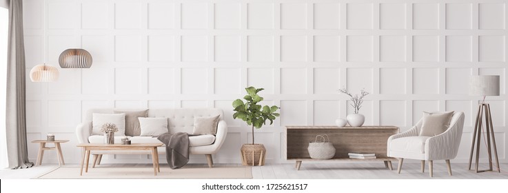 Stylish living room interior with wooden coffee table, and elegant accessories. Beautiful beige sofa, Template. Modern home staging. Wall paneling. Details, panorama, 3D render, 3D illustration