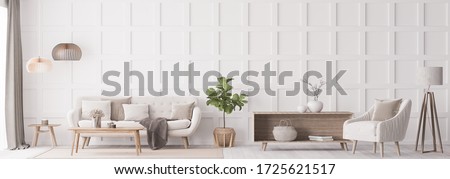 Stylish living room interior with wooden coffee table, and elegant accessories. Beautiful beige sofa, Template. Modern home staging. Wall paneling. Details, panorama, 3D render, 3D illustration Stock photo © 