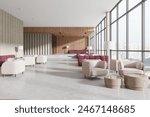 Stylish lobby interior with burgundy sofa, armchairs and coffee table on light concrete floor. Lounge or waiting space on podium near panoramic window on skyscrapers. 3D rendering