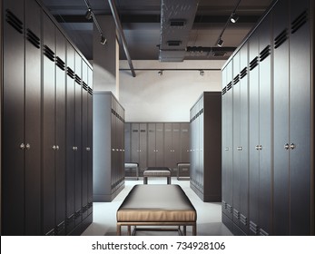 Stylish Locker Room In Modern Gym. 3d Rendering