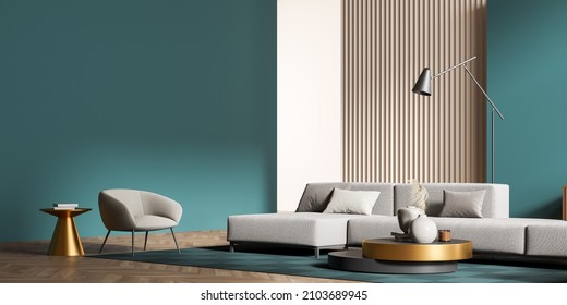 Stylish Lounge Interior With Grey Couch And Seat With Coffee Table On Parquet Floor, Lamp And Decoration. Copy Space Empty Blue Wall, 3D Rendering