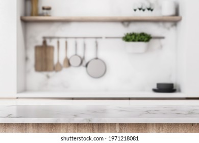 Stylish Marble Tabletop On Wooden Platform With Copyspace For Your Logo At Blurry Kitchen Utensils And Dishes On Light Wall Background. 3D Rendering, Mockup
