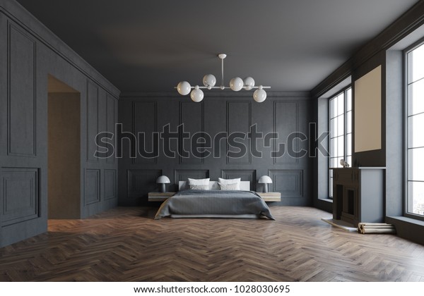 Stylish Master Bedroom Corner Black Walls Stock Illustration