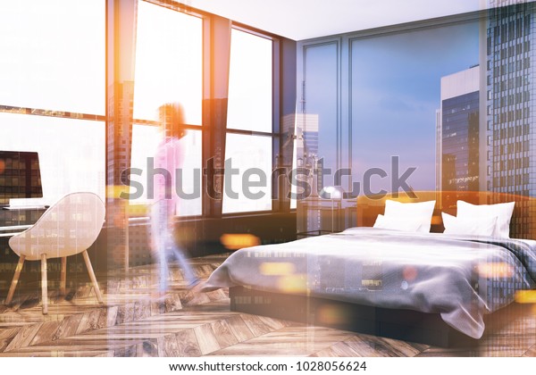 Stylish Master Bedroom Corner Gray Walls Stock Illustration