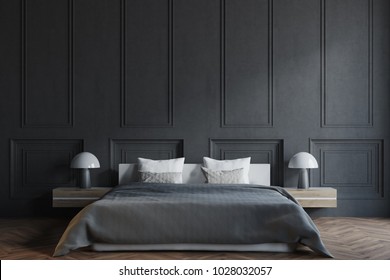 Stylish master bedroom interior with black walls, a black bed with two bedside tables and a wooden floor. 3d rendering mock up
