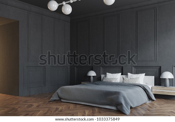 Stylish Master Bedroom Interior Black Walls Stock