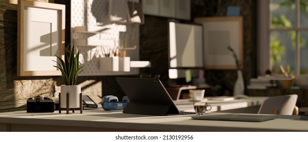 Stylish Modern Contemporary Home Office Room Background With Laptop Computer, Office Supplies And Decor In Modern Workspace. 3d Rendering, 3d Illustration