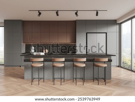 Stylish modern kitchen with bar stools, minimalist cabinets, and track lighting. Hardwood floor, large windows. 3D Rendering