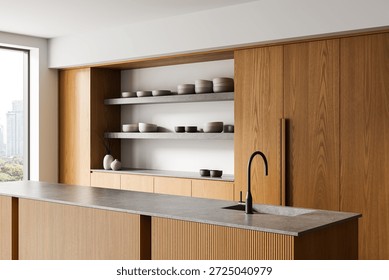 Stylish modern kitchen interior featuring wood cabinets, concrete countertops, and minimalist ceramic bowls on shelves, with city view window. 3D Rendering