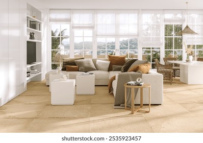 Stylish modern living room furnishings and contemporary home decor. A luxurious interior with a custom lamp and sofa, beige marble flooring, and a window with a lovely view of the yard. 3D Rendering - Powered by Shutterstock