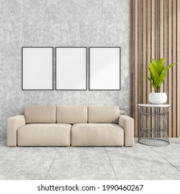 Stylish Modern Office Interior, Waiting Room, With Design Leather Couch, Three White Mock Up Framed Poster, Tile Ceramic Floor. No People. 3d Rendering