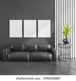 Stylish Modern Office Interior, Waiting Room, With Design Leather Couch, Three White Mock Up Framed Poster, Tile Ceramic Floor. No People. 3d Rendering